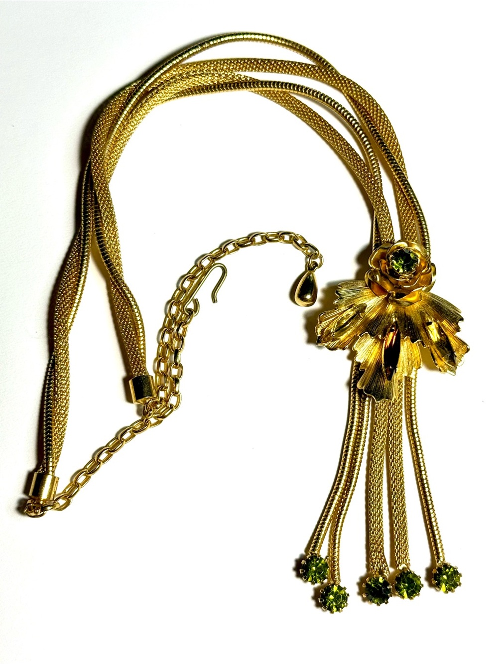 Vintage Gold Tone Rhinestone Flower Tassel Necklace - Gold Statement Pendant